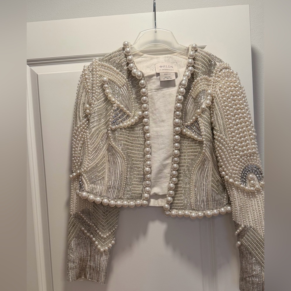 Anthropologie Pearl Embellished Jacket in Cream and Silver
